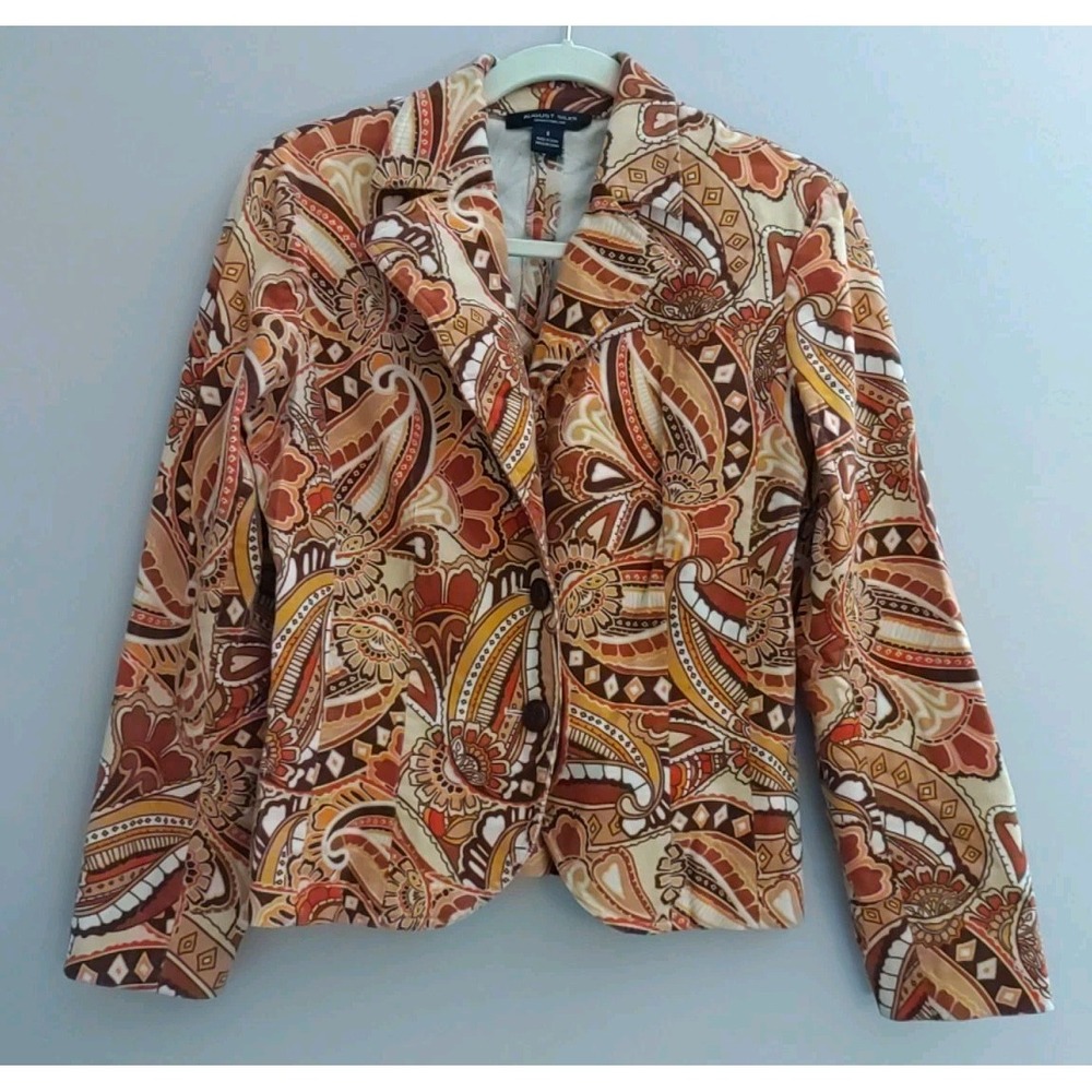 August Silk Brown Multicolor Pattern Corderoy‎ Psychedelic 70s Style Blazer Sz 6
